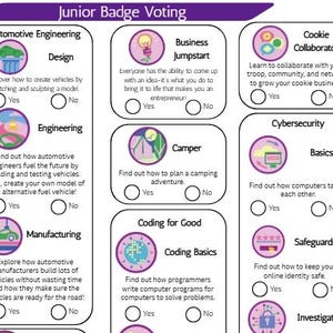 May include: A Junior Badge Voting form with a purple header. It features circular icons for badges like Automotive Engineering, Business Jumpstart, Cookie Collaborator, Camper, Coding for Good, and Cybersecurity, each with Yes and No checkboxes.