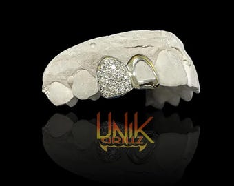 Custom Grillz Double Caps with Moissanite Honeycomb Openface