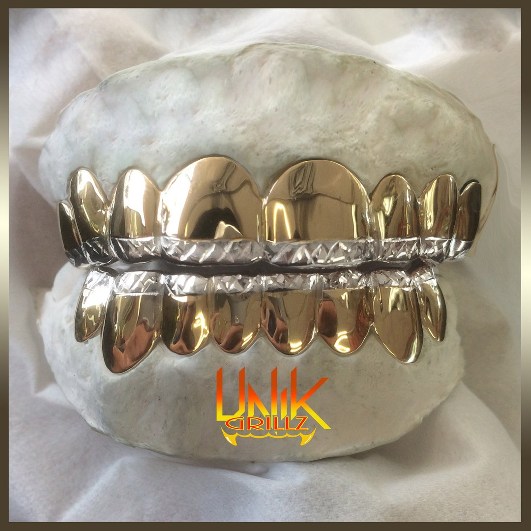 Custom Grillz With Diamond Cut Rhodium on Tip Free Permanent Cuts Free
