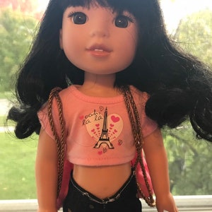 Look at pictures 14.5 inch doll gold Eiffel Tower drawstring bag