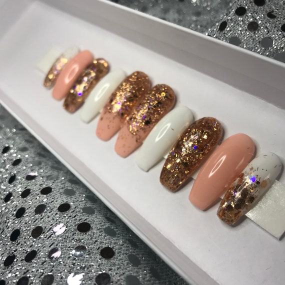 Coffin Nude glitter rose gold white ombre press on nails | Etsy