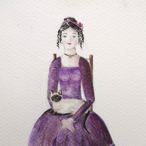 Small Original Painting Portrait Artwork Seated Lady Pretty Girl in Purple Dress with Siamese Cat  5x7" Naive Folk Art