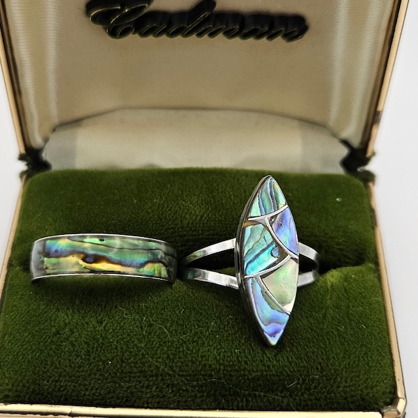 Vintage Ring Set Stainless Steel with Abalone Inlay Band & Marquise