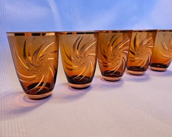 Mid Century Bohemian Crystal Amber Liqueur Shot Glasses w Gold Foil Swirls Set of 5