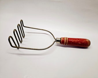 Vintage Red Wood Handle Potato Masher