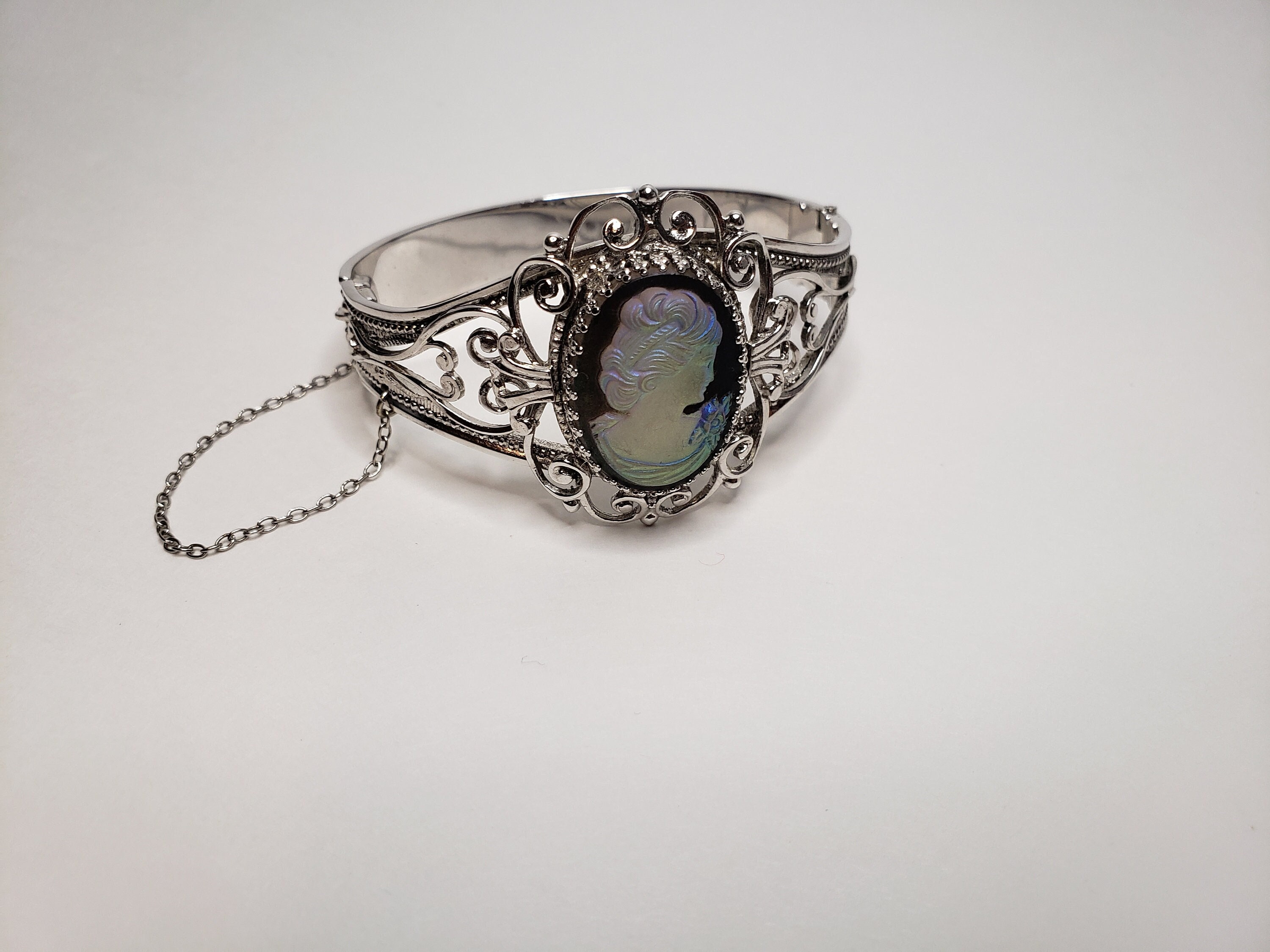 Vintage Whiting & Davis Iridescent Intaglio Cameo Hinged Bracelet