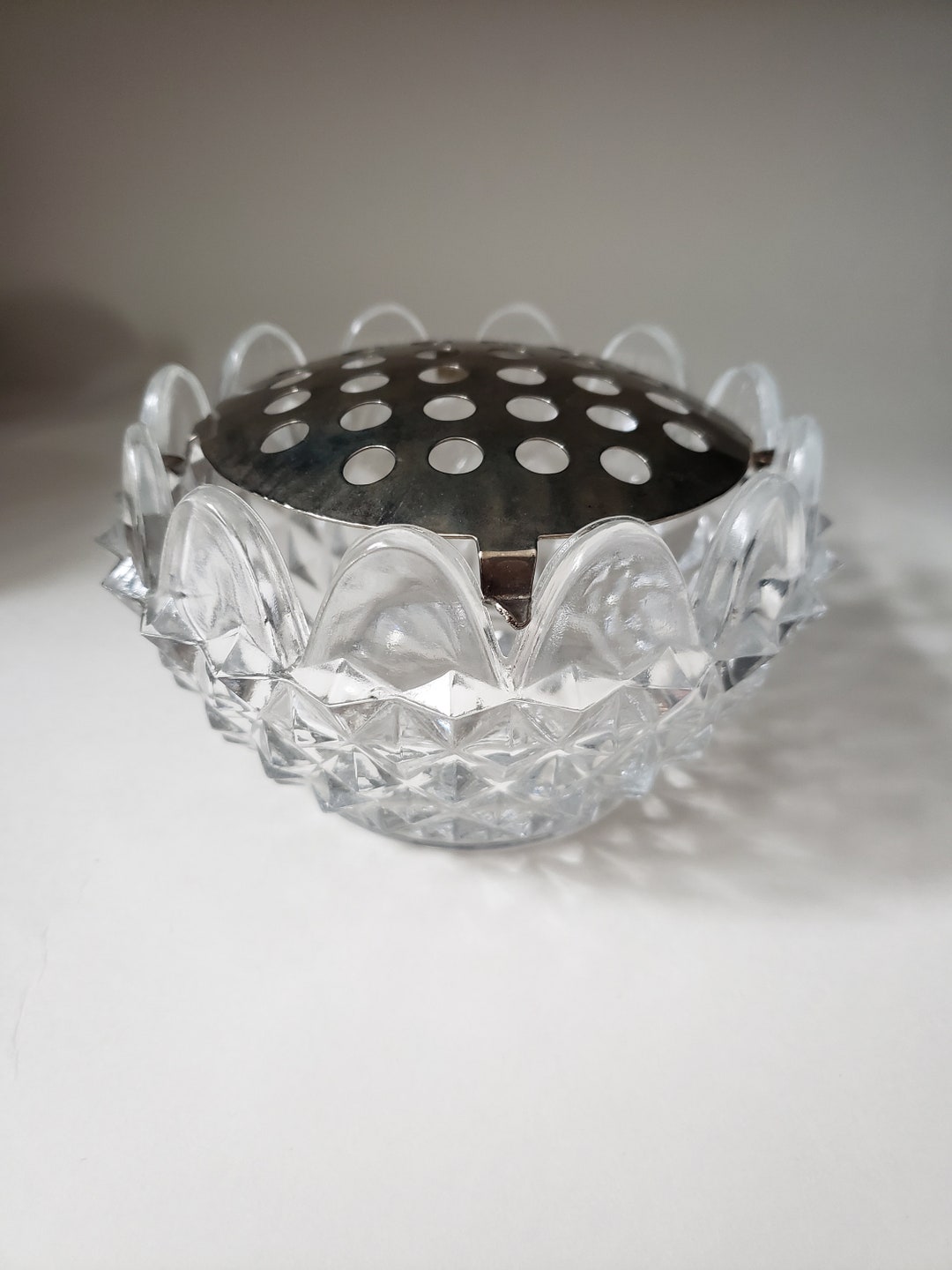 Vintage Cut Glass Rose Bowl With Silver Flower Frog Etsy