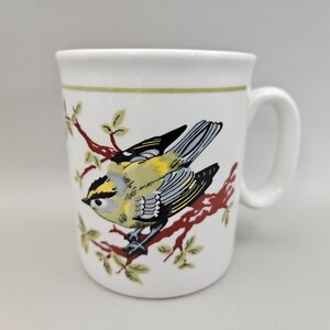 May include: White ceramic mug with a bird illustration. The bird has yellow, black, and grey feathers and is perched on a brown branch with green leaves. A green stripe decorates the rim of the mug.