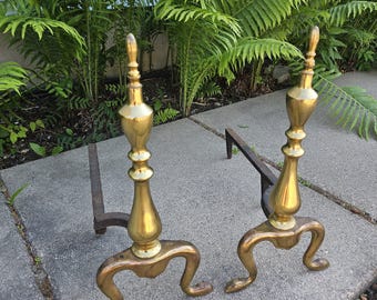 Vintage Brass & Cast Iron Fireplace Andirons w/ Claw Feet American Federal Style