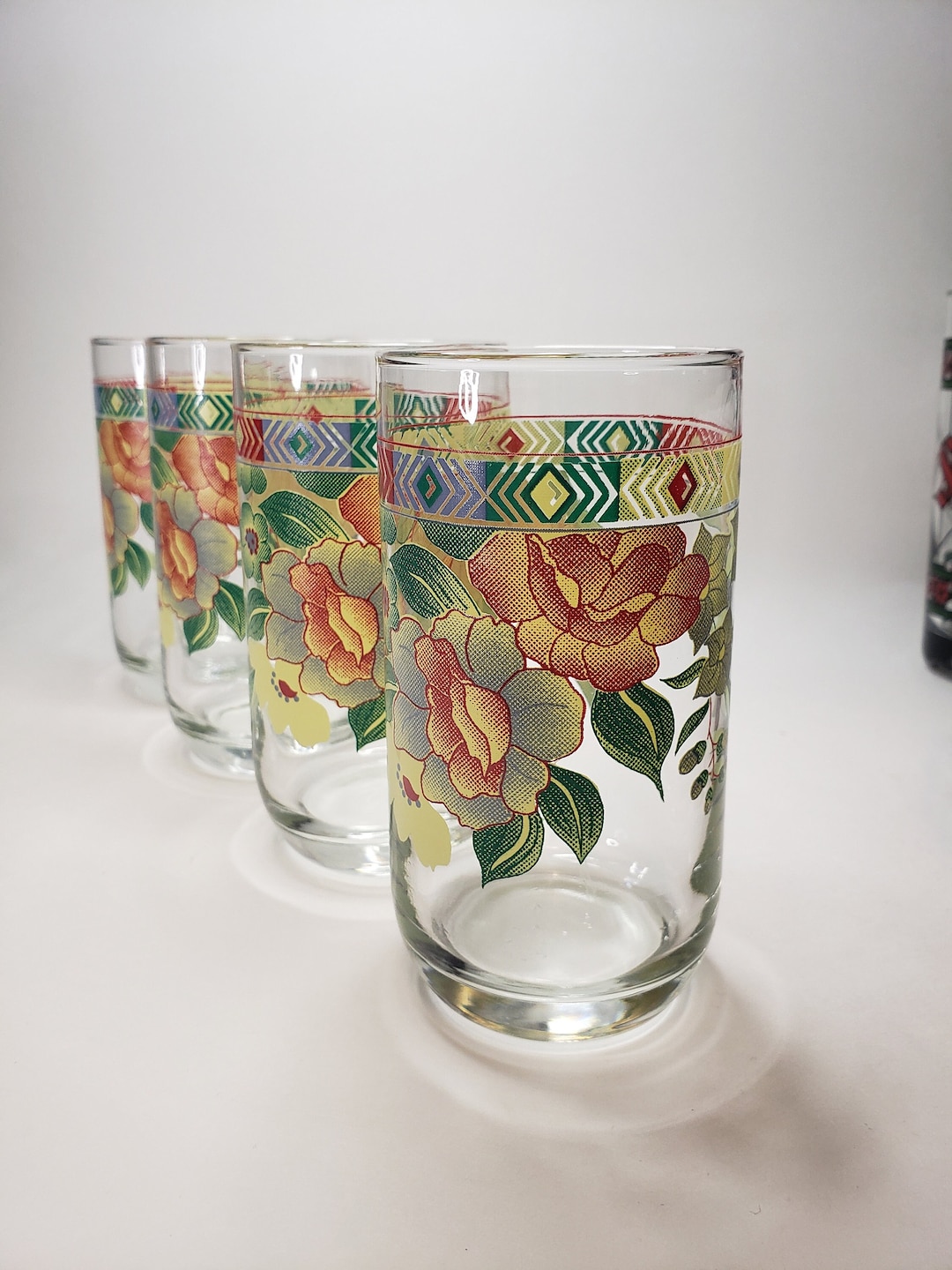 Vintage Floral Drinking Glasses Set of 4 Red Yellow Blue Green - Etsy