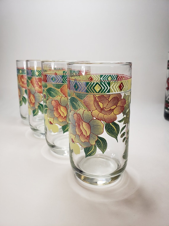 Vintage Floral Drinking Glasses Set of 4 Red Yellow Blue Green 