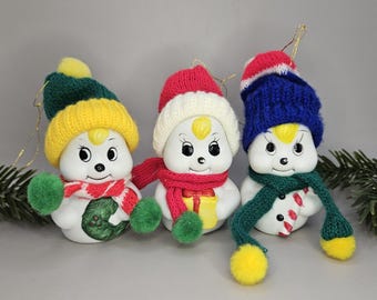 Vintage 1980s Snow Bells Porcelain Bell Christmas Ornaments