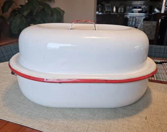 Red & White Enamelware Roaster Enamel Dutch Oven Farmhouse Kitchen Decor