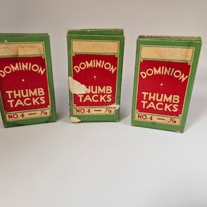 vintage Dominion Thumb Tacks Boîte en carton originale Ensemble de 3