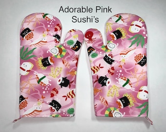 Handmade Oven Mitts Oven Gloves Gift For Her Cute Chibi Sushi Nerdy Fabric Kitchen Decor Cooking Baking Dinnerware Food