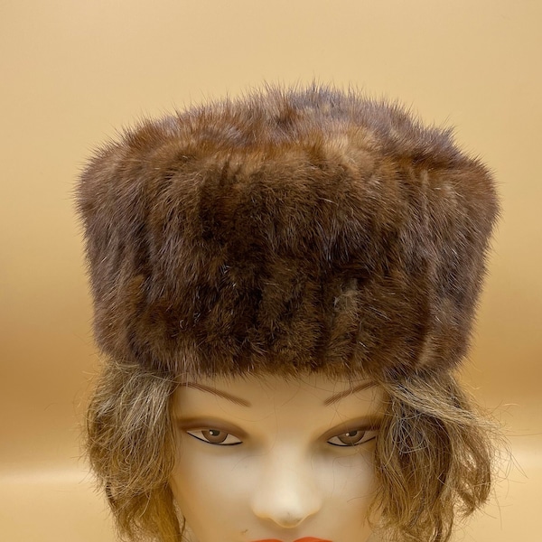 Brown Mink Fur Pillbox Hat Vintage Womens Winter Hollywood Glamour 1950s Real Fur Made in USA Mid Century Modern