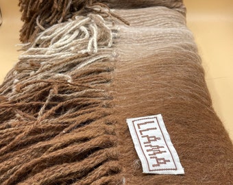 100% Llama Wool Shawl  Brown White Llama Fur Scarf Large Warm Wool Winter Woven Wrap Natural Fiber Blanket