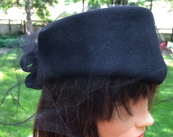 Black Pillbox Hat with Netting and Black Satin Bow Vintage Boho Retro Hat Church Hat Made in USA Black Wool Hat