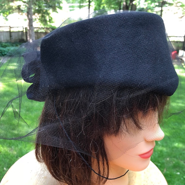 Black Pillbox Hat with Netting and Black Satin Bow Vintage Boho Retro Hat Church Hat Made in USA Black Wool Hat