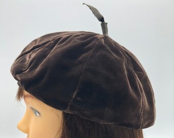 1940s Brown Satin and Velvet Hat Beret Style Tam Ladies Vintage French Style Beret Retro Boho Bohemian Mid Century Stylish USA Made Cap