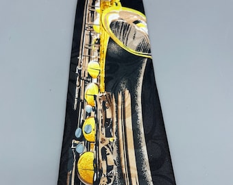 Saxaphone Tie Music Jazz Band Necktie Musical Brass Band Instrument Gold Sax Black Silk Tie Music Teacher Unique Gift Musician Fun Novelty