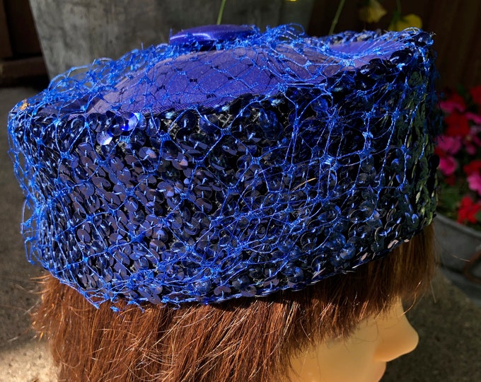 Vintage Blue Pillbox Hat With Netting Jackie O Pillbox Hat Royal Blue