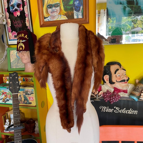 Real Mink Fur Stole Vintage Brown Collar Retro Hollywood Glamour Scarf 1950s Accessory Mid Century Game of Thrones Viking Animal Clothing