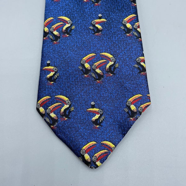 Vintage Irish Toucan Tie Blue Necktie Colorful Yellow Orange Red Black Toucan Birds Pure Silk Tie Patrick Francis Ireland