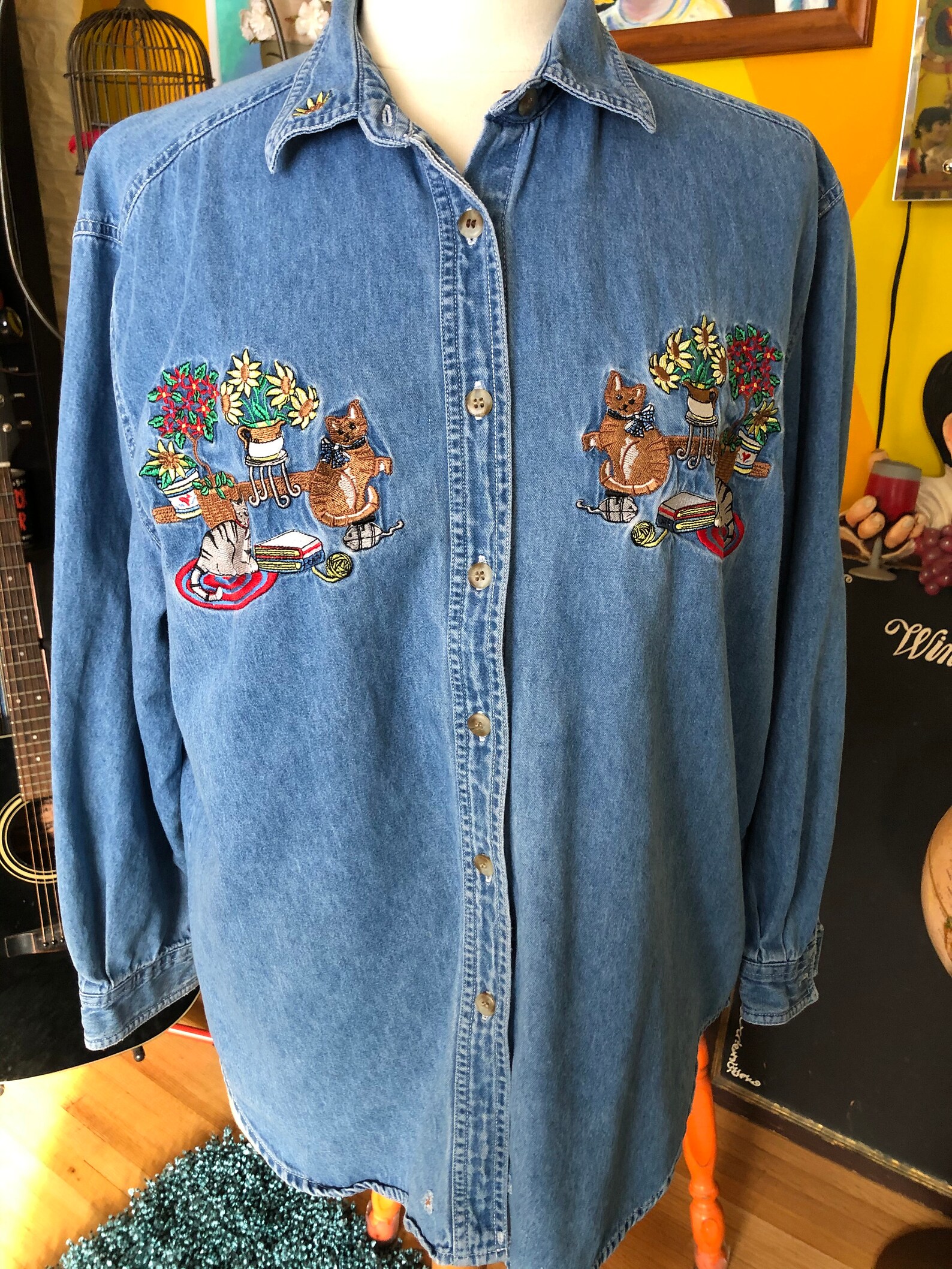Vintage Denim Shirt Embroidered Cats Womens Embroidery | Etsy