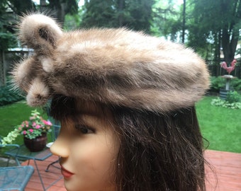 Funky Fur Hat Vintage Pillbox Beige Tan Real Fur Front Fur Bow Hollywood Glamour Retro Boho Bohemian Womens Winter Mid Century 1950s Hat