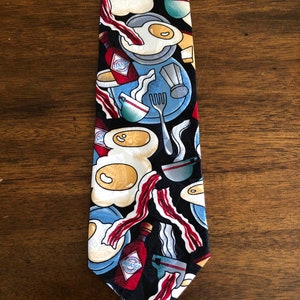 Bacon Eggs Necktie Vintage Novelty Neck Tie Mens Black Silk Tabasco Breakfast Food Cooks Chef Tie Fathers Day Gift Fried Egg Bacon Hot Sauce