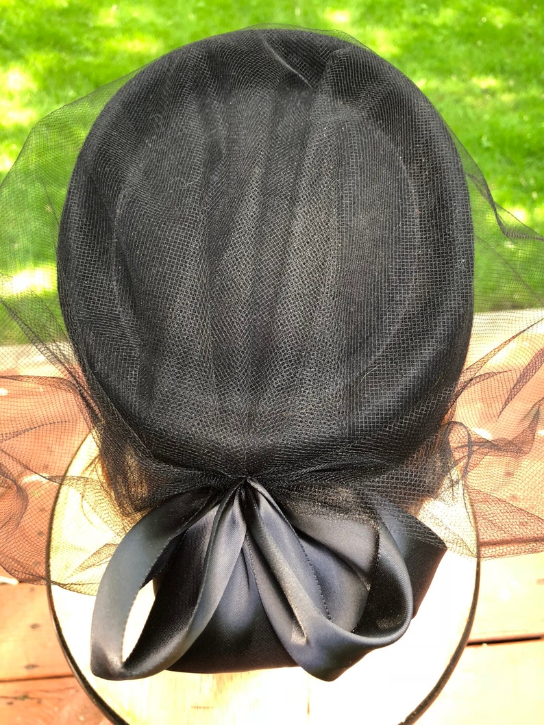 Black Pillbox Hat With Netting and Black Satin Bow Vintage Boho Retro