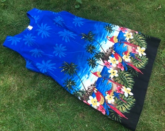 Made in Hawaii Dress Blue Polynesian Ocean Volcano Mackaw Parrot Hibiscus Palm Trees Hawaiian Volcano Boho Tiki Party Tropical Sundress