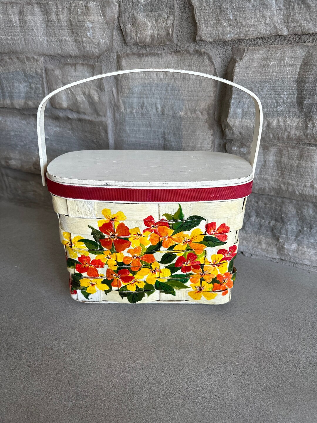 Vintage Signed Woven Basket Purse Bohemian Retro Boho Wood Purse Flower Theme Red Felt Lined