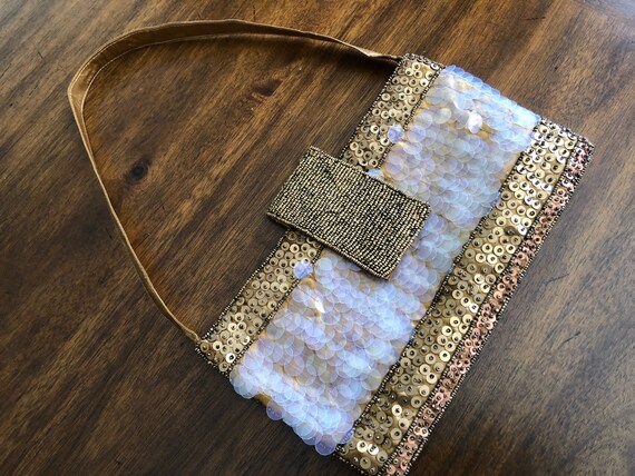 Gold Sequin Baguette Purse Small Fancy Beaded Satin Fabric | Etsy