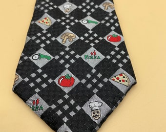 Pizza Chef Necktie Vintage Pizza Ingredients Novelty Tie Black Neck Tie Mushrooms Tomato Pizza Slice Cutter Chefs Hat Fathers Day Gift