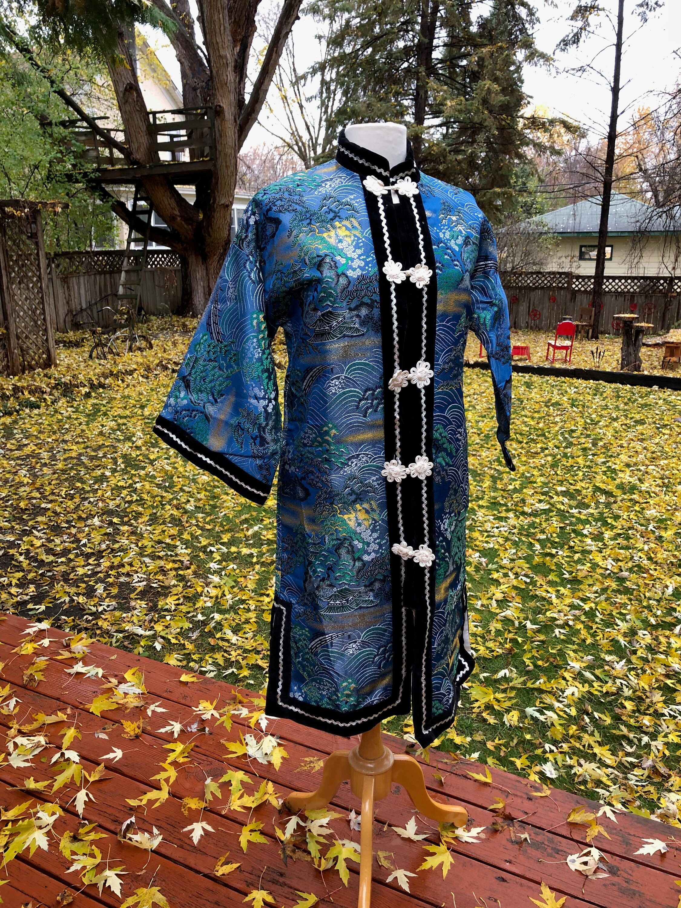 Lovely Vintage Blue Asian Robe Green Gold Black Velvet Silver Etsy