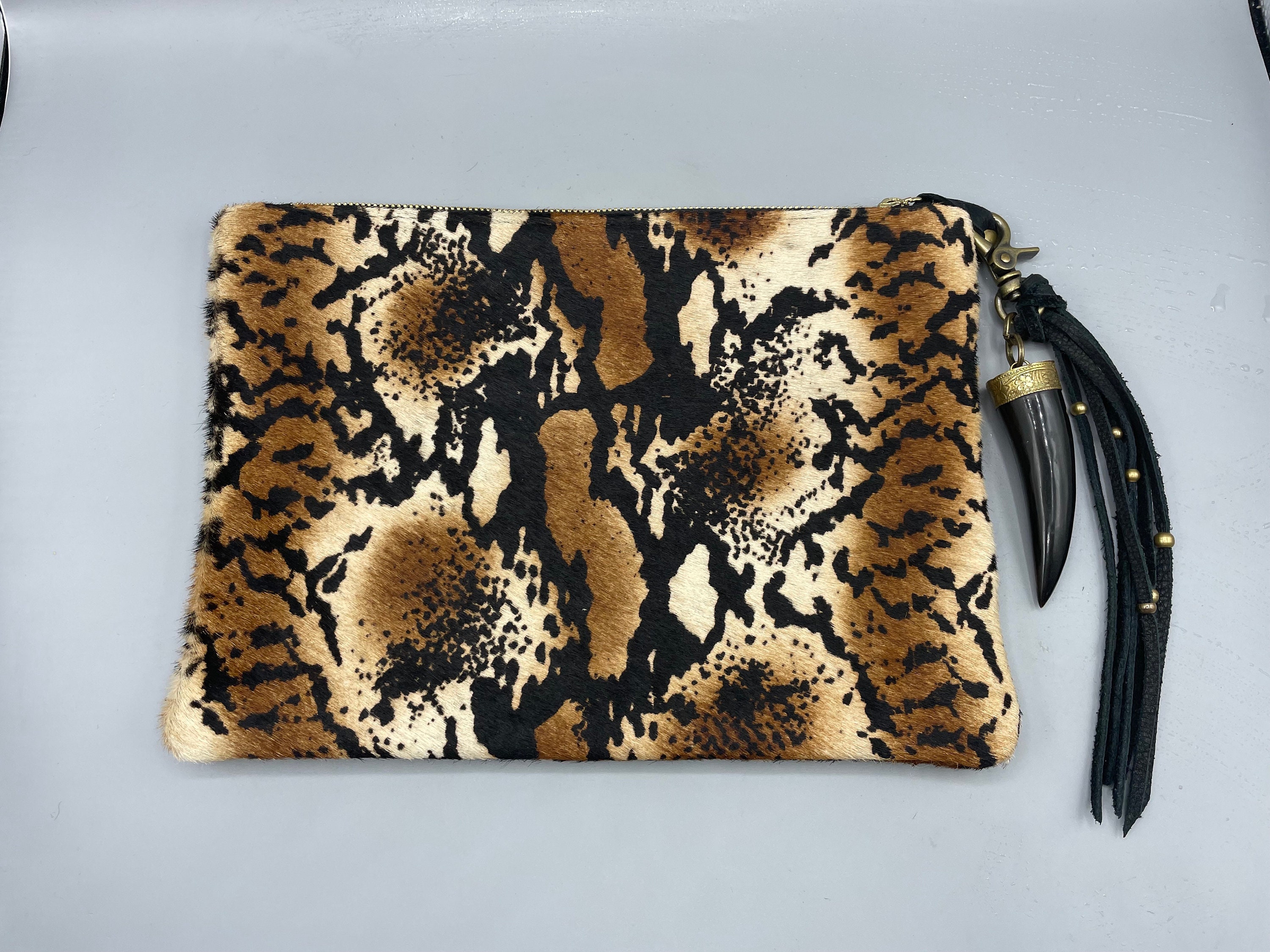 Leopard Print Purse Calf Hair-On Leather Cheetah Clutch Wild Animal Fringe PU Crossbody Wristlet Chain Bag