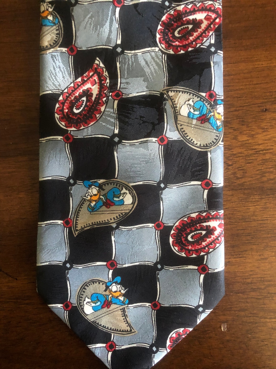 Donald Duck Tie Vintage Neck Tie Walt Disney Mens Black Gray Checked ...