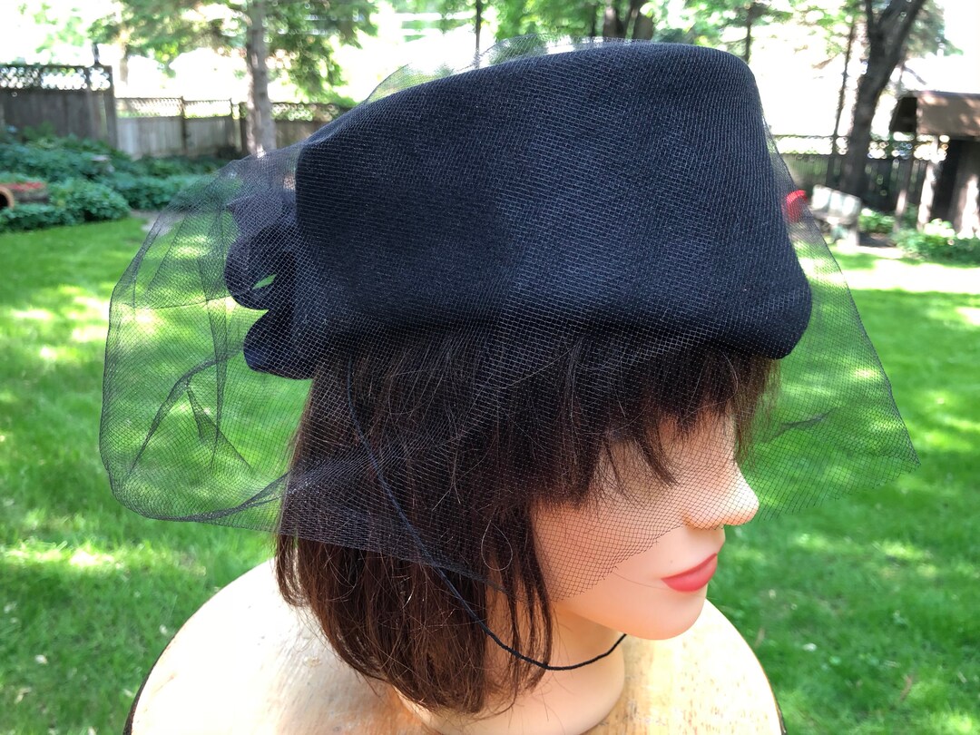 Black Pillbox Hat With Netting and Black Satin Bow Vintage Boho Retro