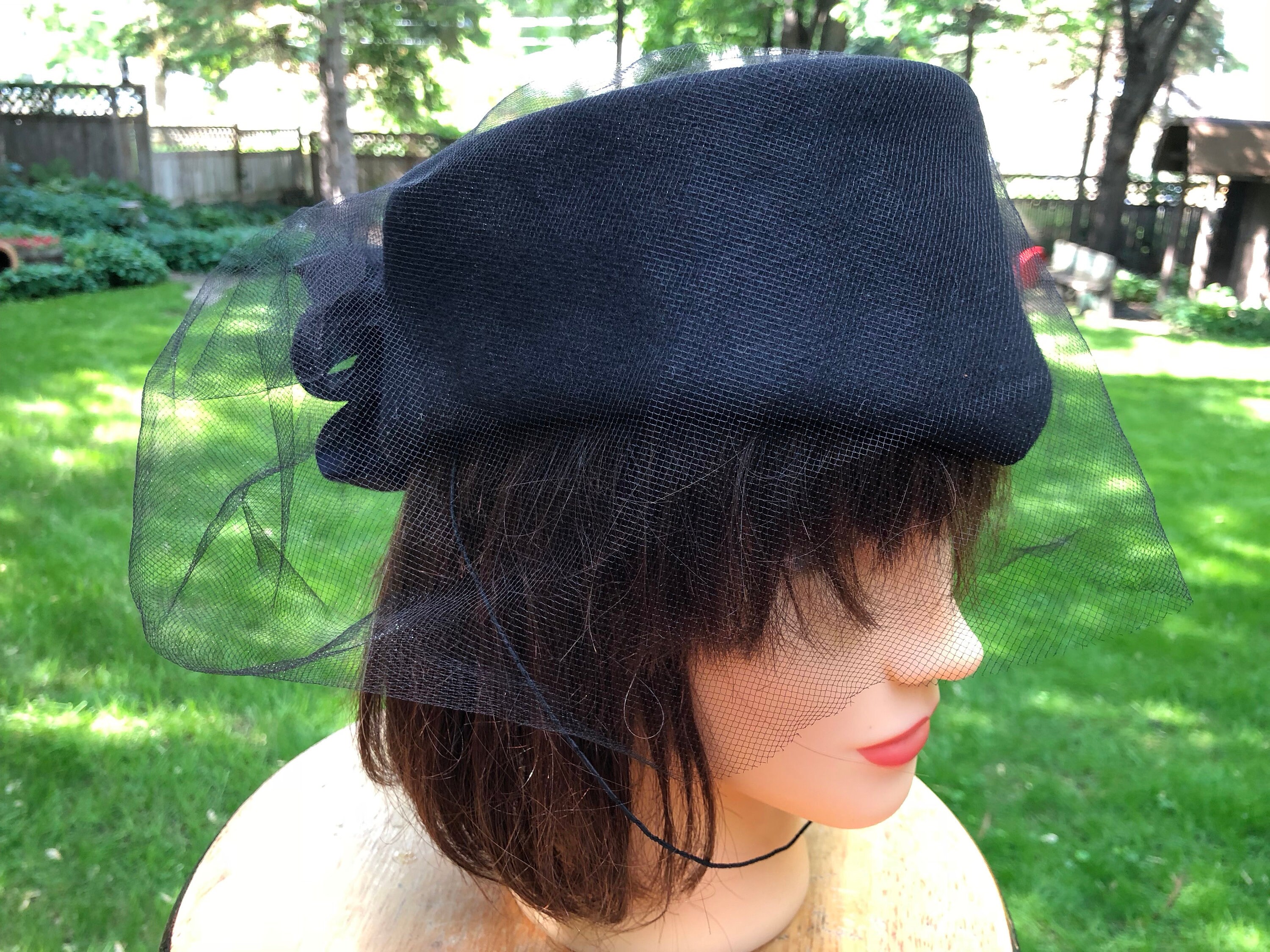 Black Pillbox Hat With Netting and 