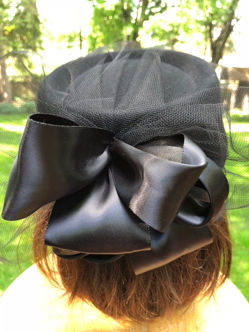 Black Pillbox Hat With Netting and Black Satin Bow Vintage Boho Retro