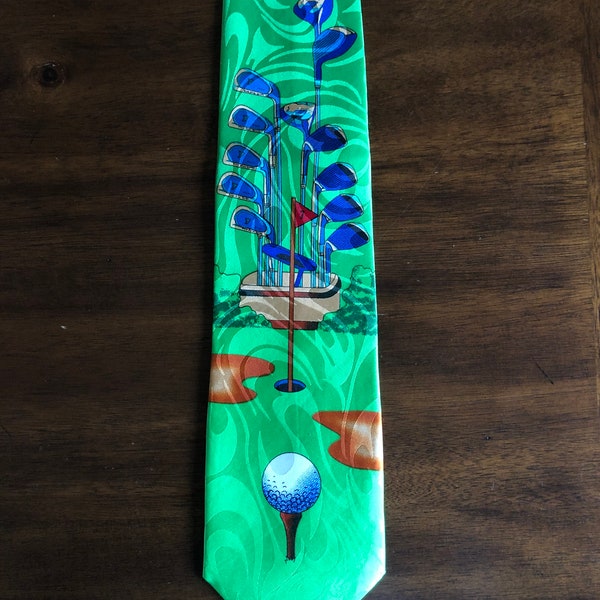 Bright Green Golf Tie Sports Vintage Neck Tie Men's Handmade 100% Silk Necktie Golfing Novelty Tie Golf Clubs Gold Balls Tee Hole 7 Flag