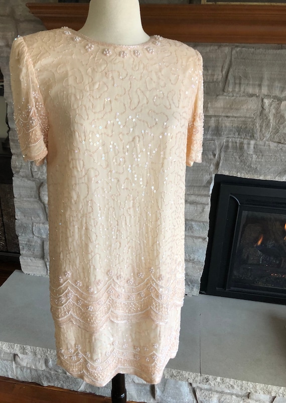 Vintage Laurence Kazar Sequin Party Dress Peach wi