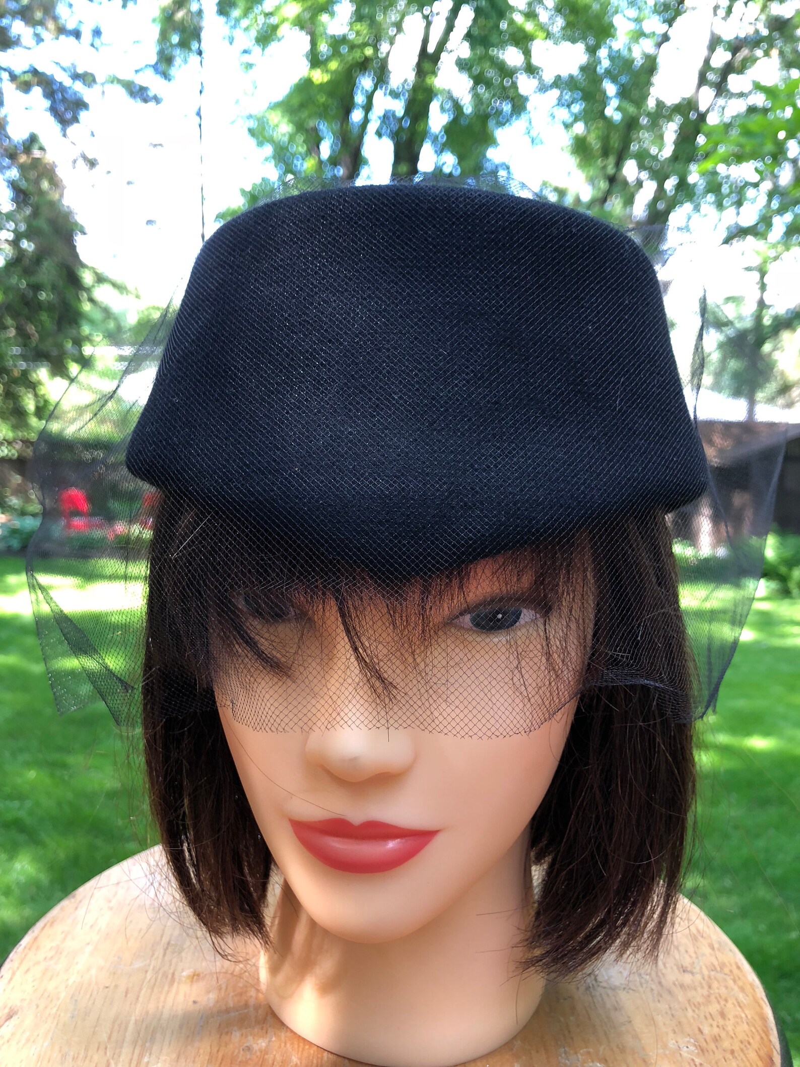 Black Pillbox Hat With Netting and Black Satin Bow Vintage Boho Retro