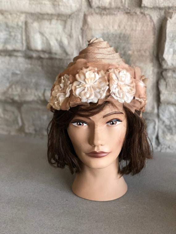 Vintage Beige Hat With Flowers Retro Unique Coiled