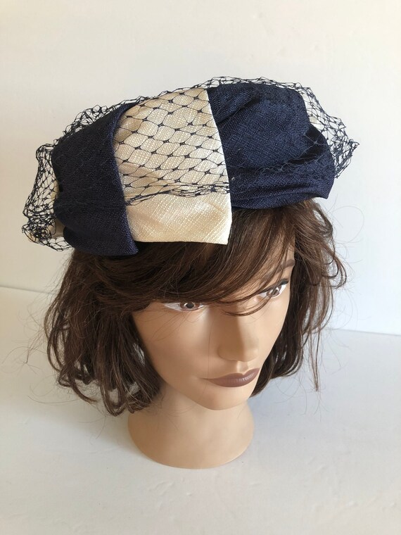 Vintage Blue and White Pillbox Hat with Netting Ja