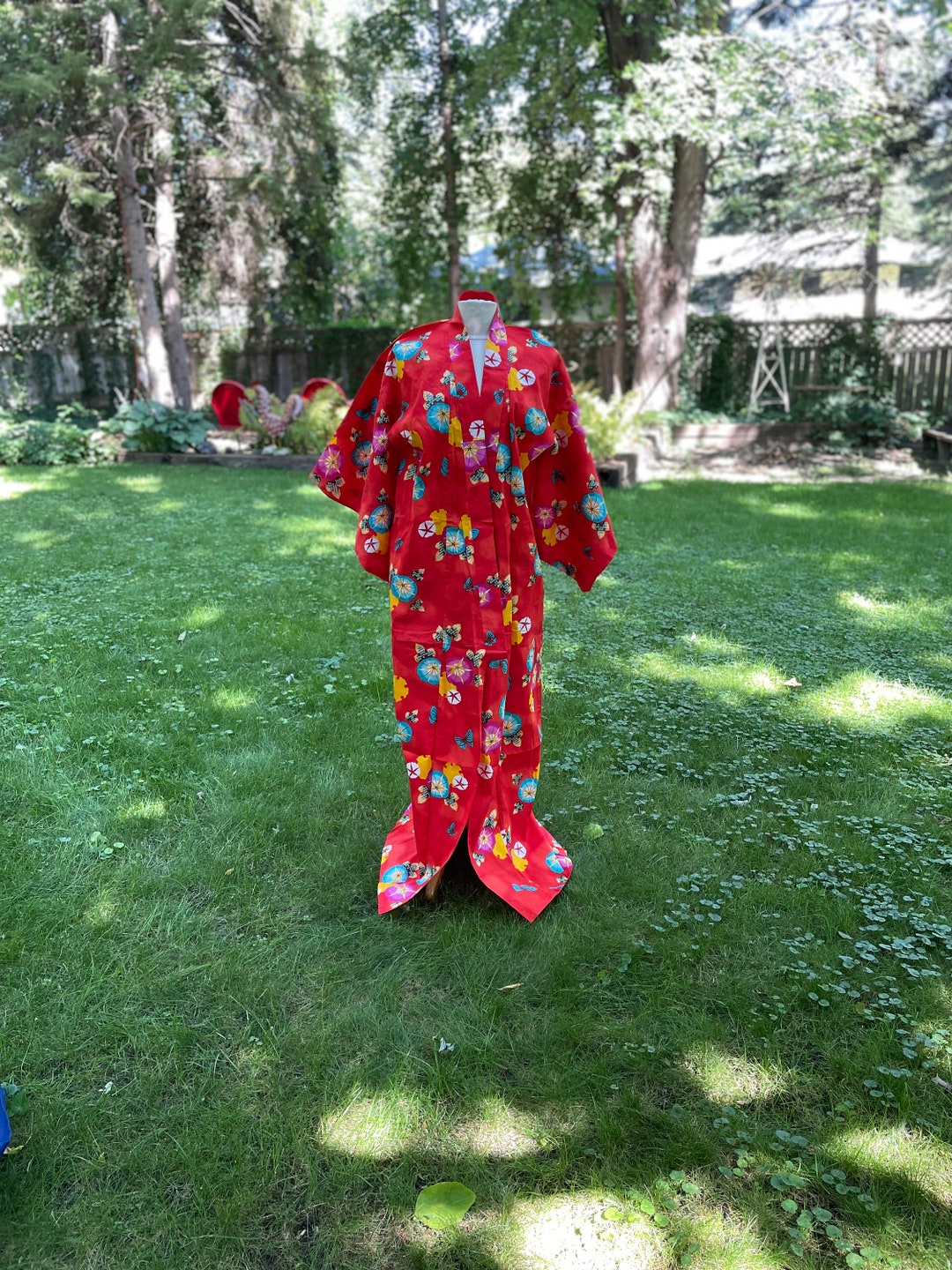 Red 100 Cotton Japanese Kimono Robe Wide Sleeves Asian Floral Design
