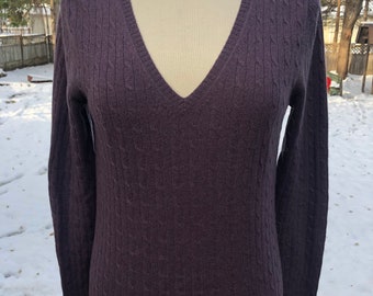 Purple Wool Blend Sweater Cable Knit Pullover V-Neck Dark Indigo Winter Sweater Soft Warm Lightweight Wool