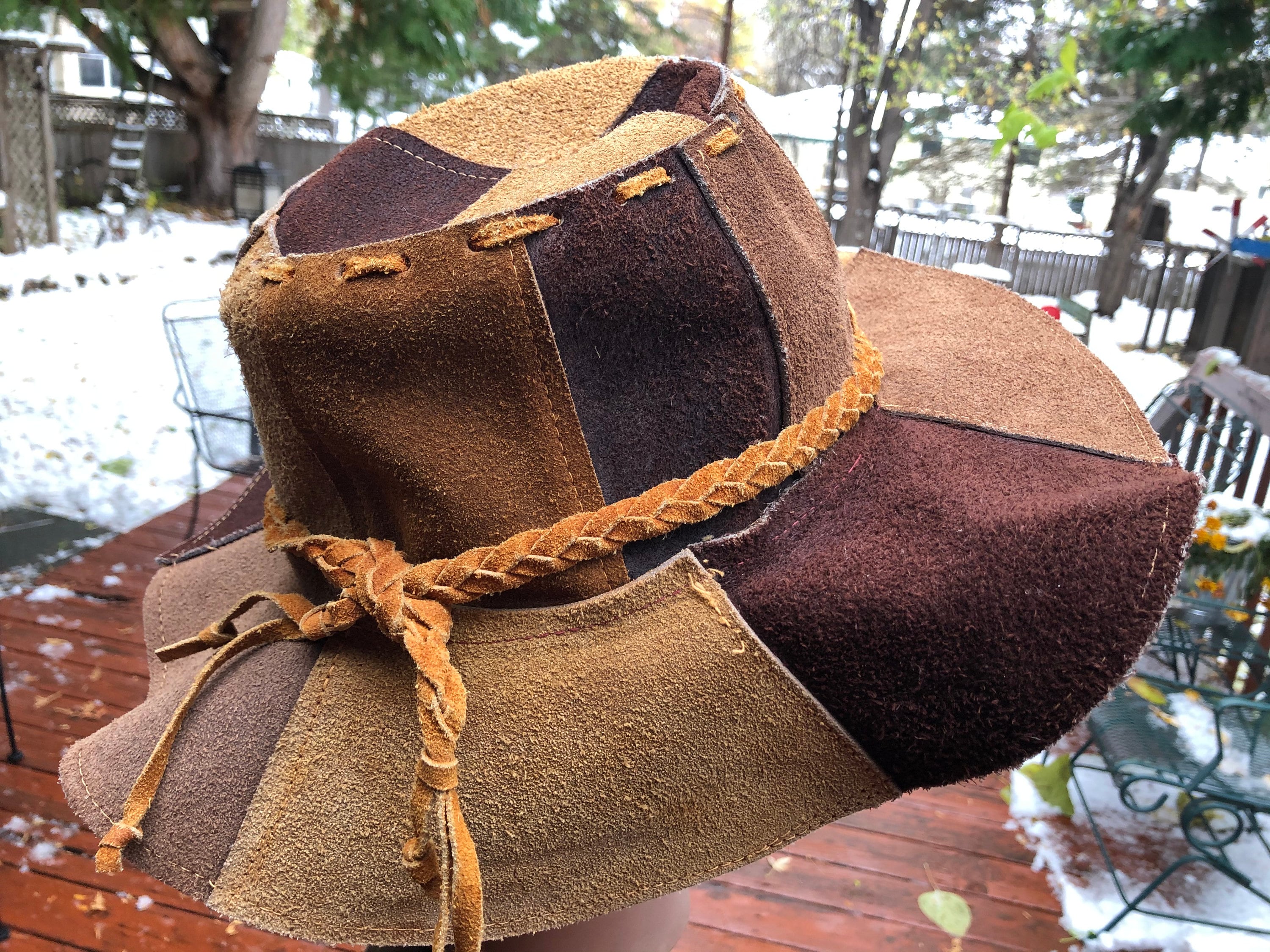Vintage Leather Hippie Hat Brown Suede Patchwork 1970s Retro Hipster  Bohemian Boho Style Groovy Hat Rocker Groovy Floppy Hat 70s Patches